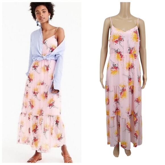 J. Crew Sunburst Tiered Floral Bouquet Maxi Dress Pink Women's Size 10 NEW - Picture 2 of 16